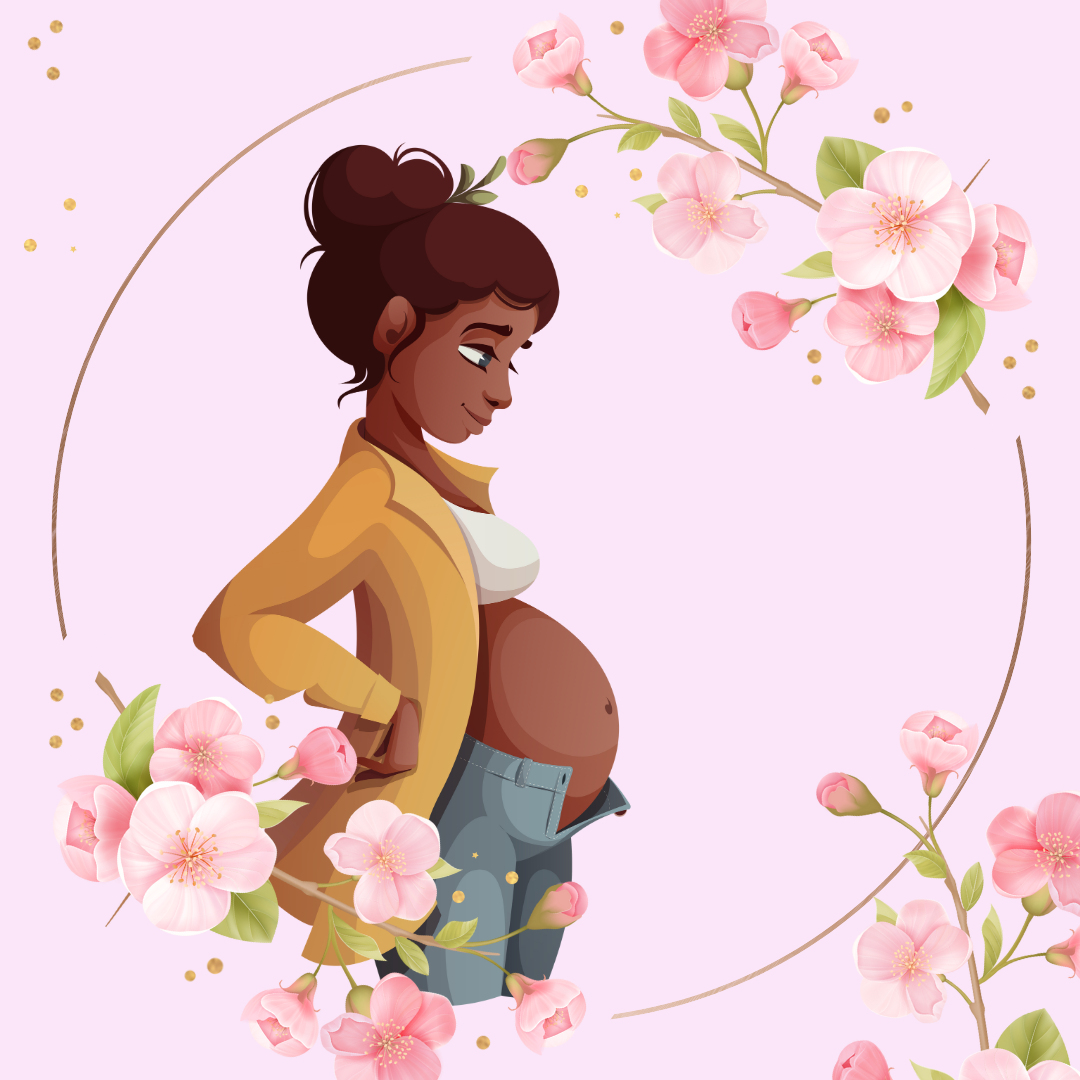 Kuvassa raskaana oleva henkilö kukkakehyksen sisällä.